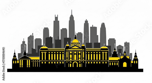 Illustration of a city skyline with buildings and skyscrapers in black and yellow colorscheme created with generative ai