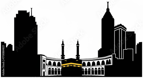 Silhouette of the mecca skyline with the kaaba and surrounding buildings against a white background created with generative ai