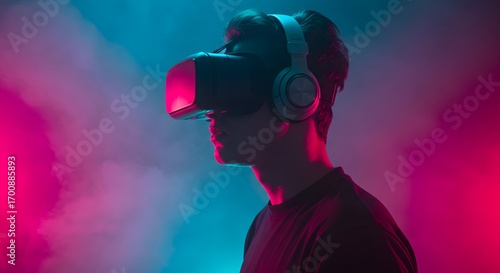 Immersive Digital World: VR Headset Experience Highlighted by Modern Neon Lighting and Technology