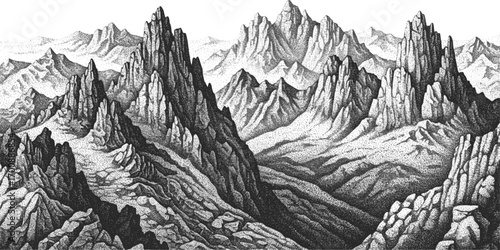 Echoes of the peaks. Vintage illustration of snowy range of hills, mounted landscape. Retro halftone vector sketch. EPS version.