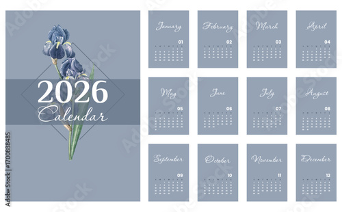 Vector illustration. Minimalistic calendar 2026 printable template a4. Week starts on Sunday