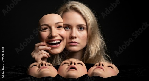Blonde woman holding a cheerful mask, her own face shows deep thought. She considers true self and chooses an emotional identity from various social facades.