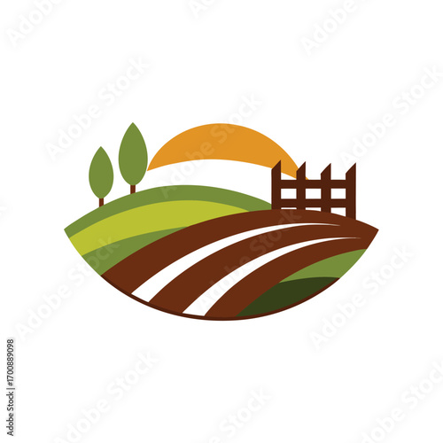 Rustic Farm Logo with Fence and Farmland Hills