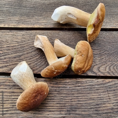Vier Steinpilze auf einem alten Tisch aus Eichenholz