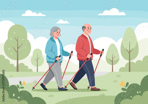 elderly people who practice Nordic walking, fitness, and outdoor activities