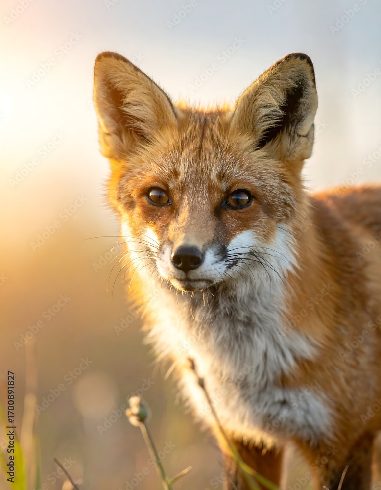 Fototapeta premium Close-up of a captivating red fox, bathed in golden sunlight, showcasing its intricate fur patterns and intelligent gaze.