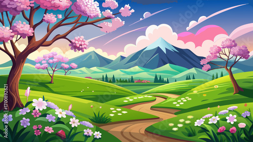 A breathtaking nature spring day in flat design, rolling green hills under a clear sky, cherry blossoms drifting, wildflowers blooming brightly, aesthetic and epic atmosphere capturing renewal and ser