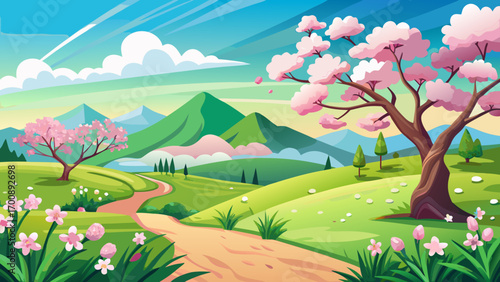A breathtaking nature spring day in flat design, rolling green hills under a clear sky, cherry blossoms drifting, wildflowers blooming brightly, aesthetic and epic atmosphere capturing renewal and ser
