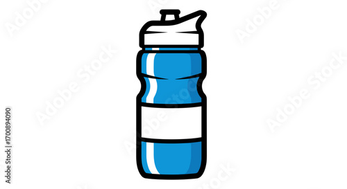 Illustration of a blue water bottle with a white label and a white drinking spout