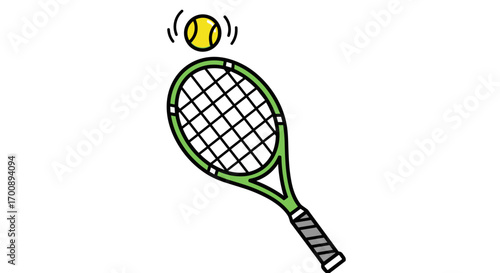 Illustration of a green tennis racket with a yellow tennis ball above it shown