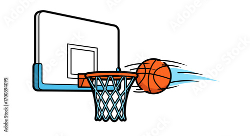 A basketball is shown flying toward the hoop with motion lines behind it near the net