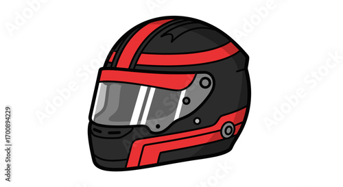 Illustration of a black racing helmet with red stripes and a transparent visor