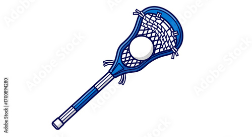 A blue lacrosse stick with white netting holding a white ball against white background