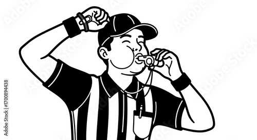 Illustration of a referee blowing a whistle wearing a striped shirt and a hat