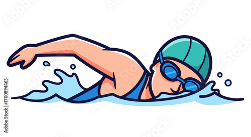Illustration of a swimmer with a cap and goggles swimming in blue water waves