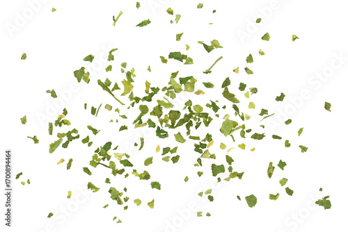 Photos Close up chopped dry parsley leaves flying, pile isolated on white background, c