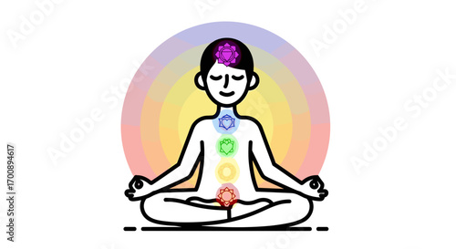 Person meditating in lotus position with chakra symbols and colorful aura glow