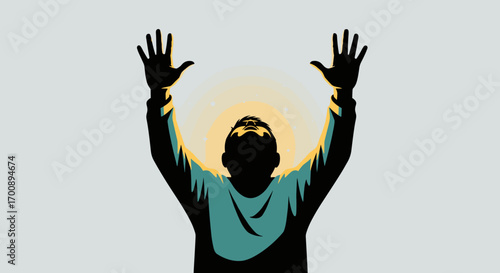 Silhouette of a man with arms raised towards a bright light above his head