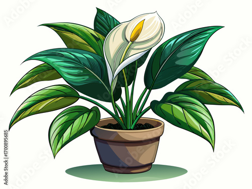 A high-quality vector illustration of a peace lily flower in a ceramic pot, isolated on a white background