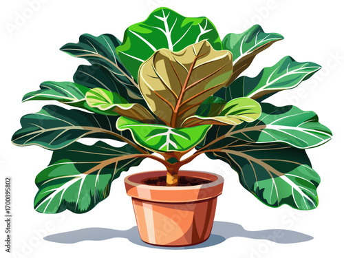 A high-quality vector illustration of a fiddle leaf fig plant in a decorative pot, isolated on a white background
