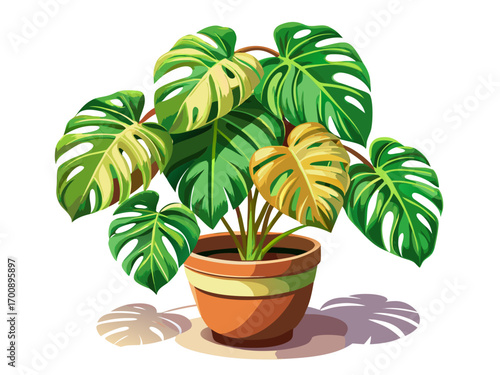 A high-quality vector illustration of a monstera plant in a ceramic pot, isolated on a white background