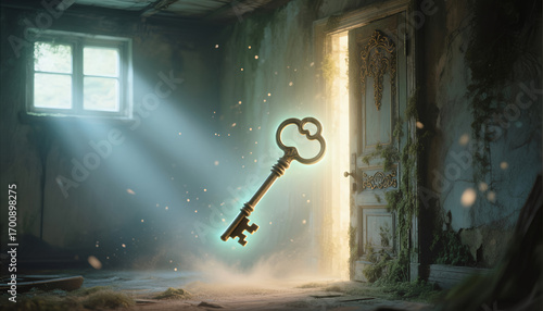 Magical key floating in a beam of light near an open door  
