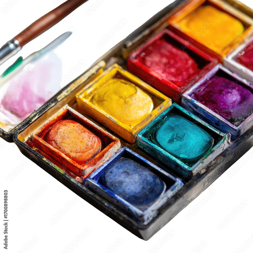 Naklejka premium Open watercolor paint box, various colors