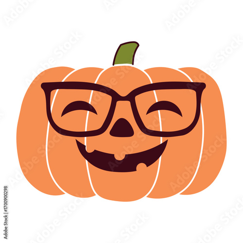 Halloween pumpkin, jack o lantern with carved face wearing glasses, isolated on transparent. Hand drawn flat vector illustration. Funny cartoon character. Traditional holiday design element, clip art