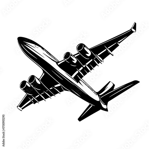 Large passenger airplane silhouette ascending at take‑off, modern commercial jet aviation vector illustration icon