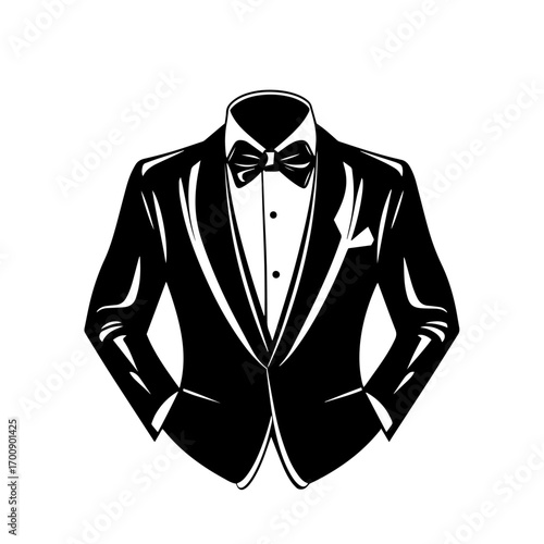 Tuxedo jacket silhouette with bow tie, elegant formal menswear dinner suit vector illustration icon