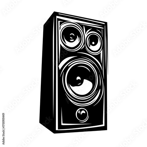 Floorstanding loudspeaker silhouette with woofer and tweeter drivers, high‑fidelity audio equipment vector icon