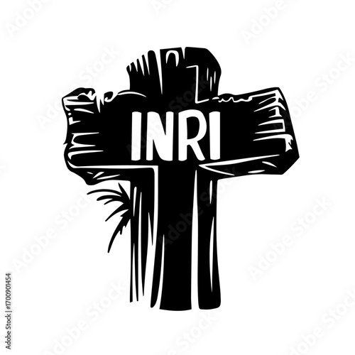 Rough wooden cross with INRI inscription silhouette, solemn Christian crucifixion symbol vector illustration icon