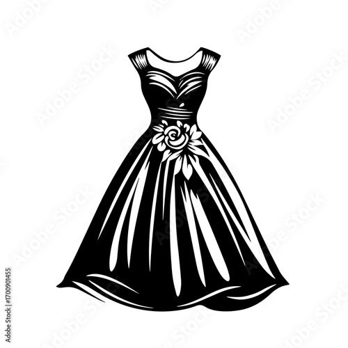 Elegant evening dress silhouette with floral waist decoration, glamorous women's fashion gown vector illustration icon