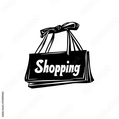 Shopping bags silhouette with ribbon handle and bold lettering, retail purchase gift packaging vector illustration icon