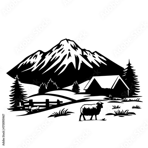 Mountain farm landscape silhouette with snow peaks, cabin, pines and grazing sheep, rustic alpine scenery vector illustration