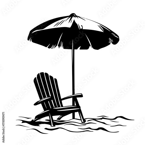Beach chair under umbrella silhouette on sand, relaxing summer vacation vector illustration icon