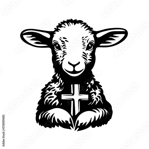 Holy lamb of God silhouette holding cross, religious Christianity Agnus Dei symbol vector illustration icon