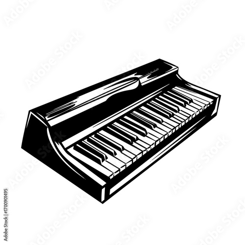 Electronic keyboard synthesizer silhouette angled view, modern portable music instrument vector illustration icon