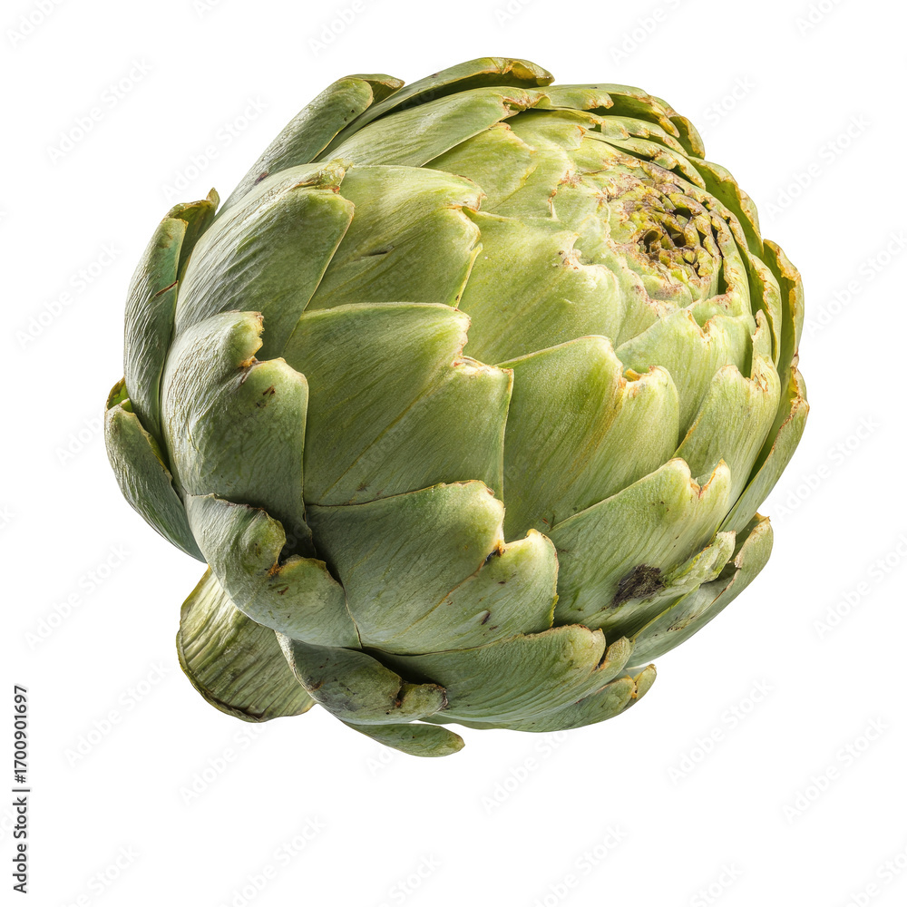 Fototapeta premium Close-up of a fresh artichoke head, light green in color, with tightly packed, textured leaves