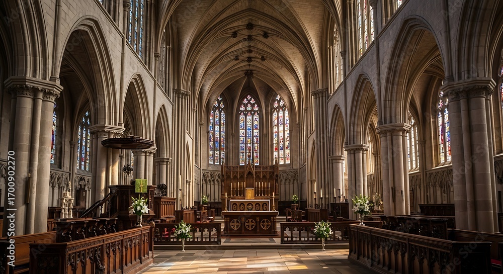 Fototapeta premium Interior View of a Grand Gothic Church with Stained Glass Windows.