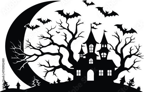 silhouette of a spooky haunted house with bats flying around a large crescent moon and a gnarled tree, isolated on white background