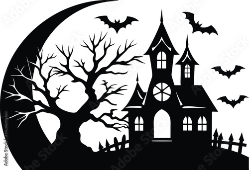 silhouette of a haunted house with bats and a large crescent moon, isolated on white background