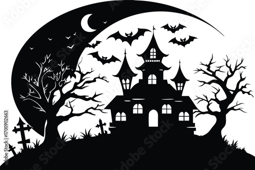 silhouette of a haunted castle with bats flying around a crescent moon and bare trees, isolated on white background