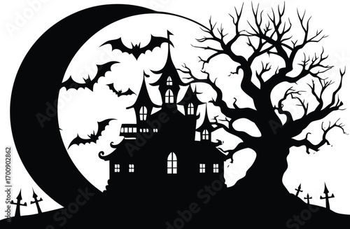 Photo of silhouette of a haunted house with a spooky tree and bats flying around a crescent moon, isolated on white background