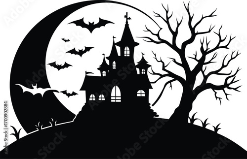 silhouette of a spooky haunted house with bare trees and bats flying around a large moon, isolated on white background