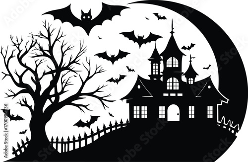 silhouette of a haunted castle with bats flying in front of a large crescent moon on a white background