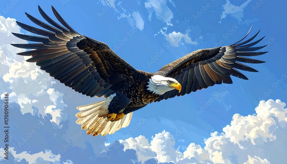 Obraz premium Majestic bald eagle soars through a vibrant sky filled with fluffy clouds.