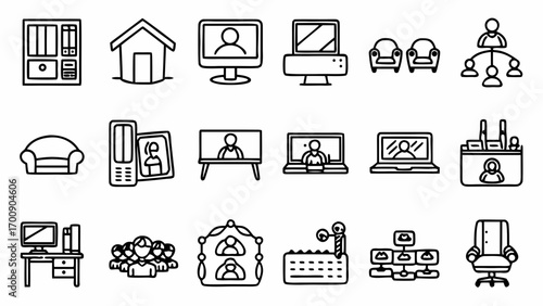 Office furniture meeting organization chart computer desk chair icon set vector generated with generative ai