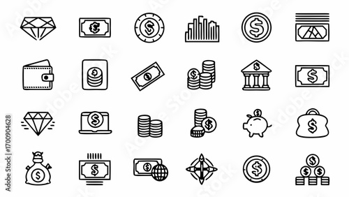 Money finance investment wealth savings currency banking business income vector icons generated with generative ai