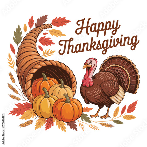 Vibrant autumn illustration of a traditional Thanksgiving cornucopia with pumpkins, a turkey, and fall leaves on a white background